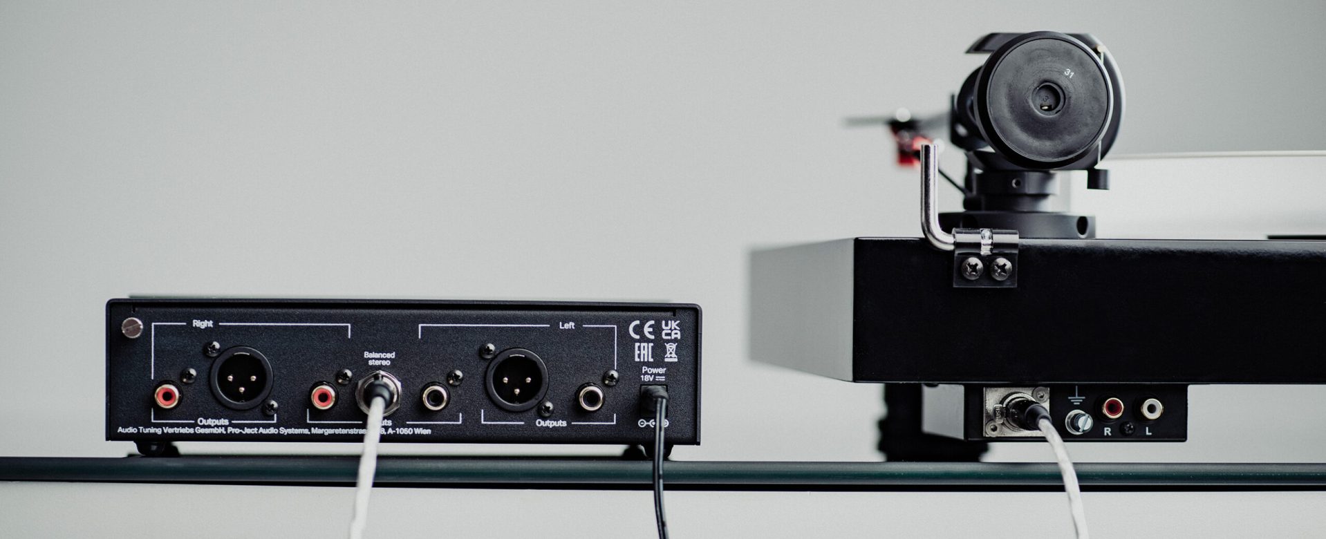 Rückseite PhonoBoxS3B + Debut Carbon EVO mit Anschlüssen und Kabeln